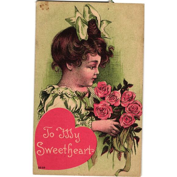 Valentine Postcard To My Sweetheart Red Heart Bouquet of Roses Antique Unposted - Picture 1 of 2